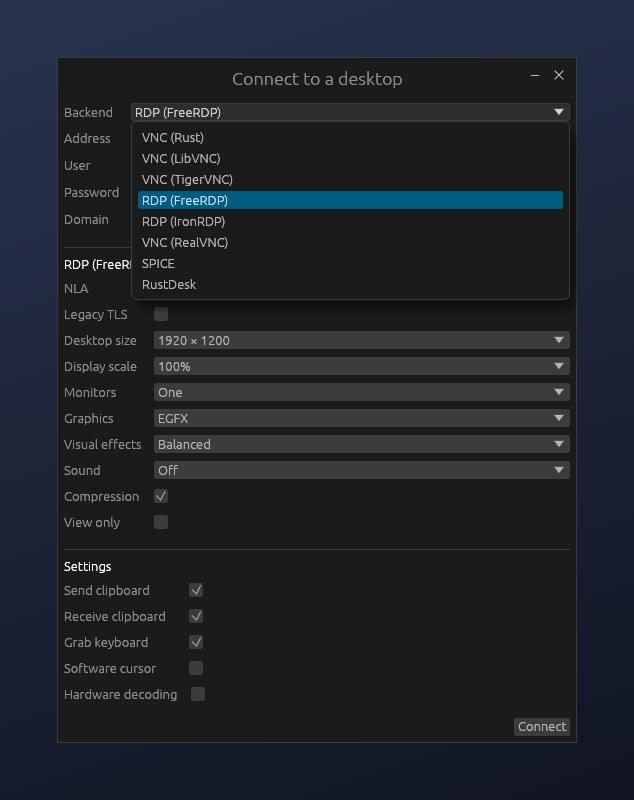 The connection dialog with the backend list open, and the RDP options and settings below it
