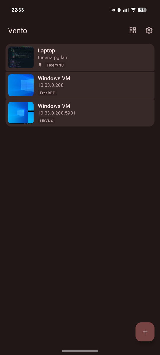 The connection list, with a card for each saved connection showing a preview of its desktop
