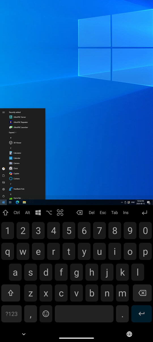 A connected session with the touch keyboard and the extension keyboard row