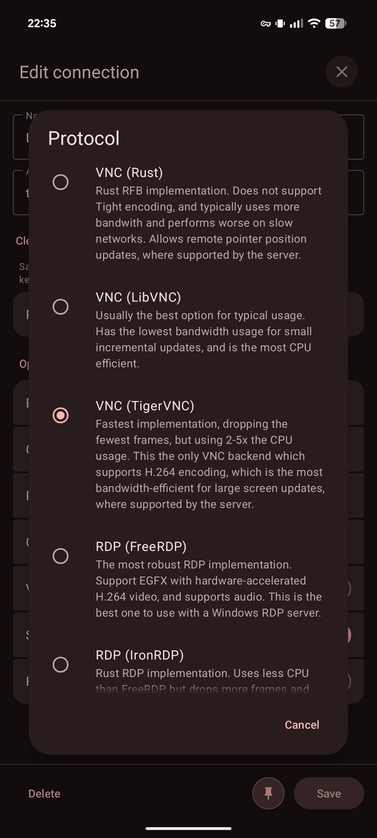 The protocol picker in the connection editor, listing each backend with its description