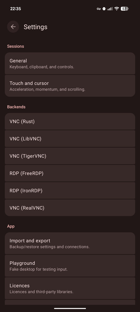 The settings screen with the session, backend, and app groups