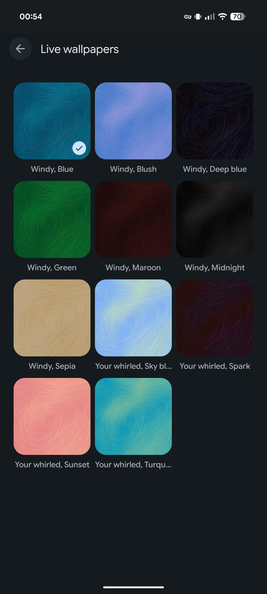 Android's live wallpaper picker listing the Windy themes