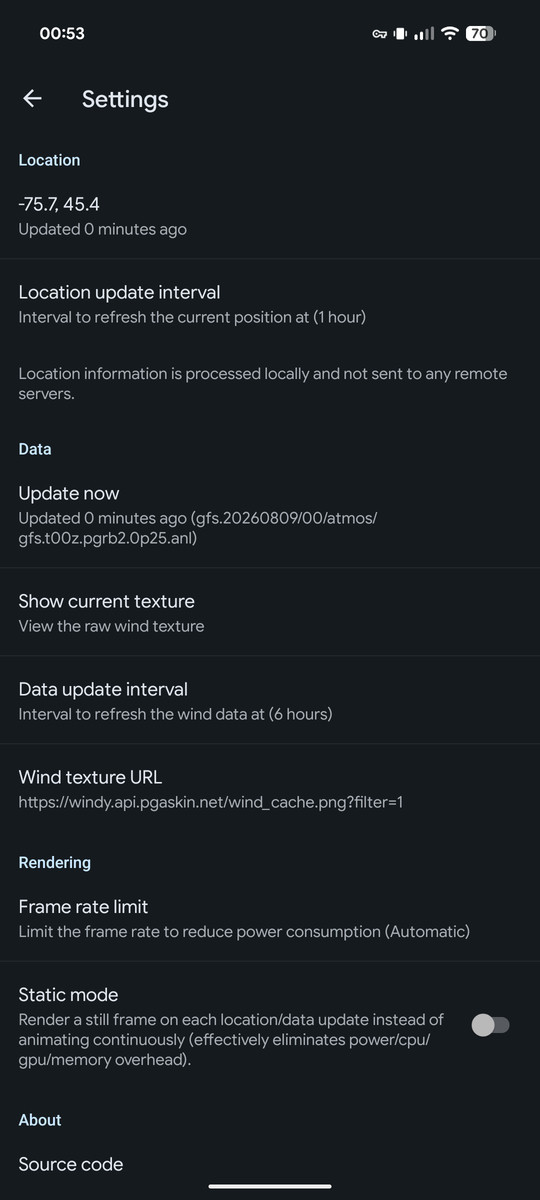The settings screen showing location, data, and rendering options