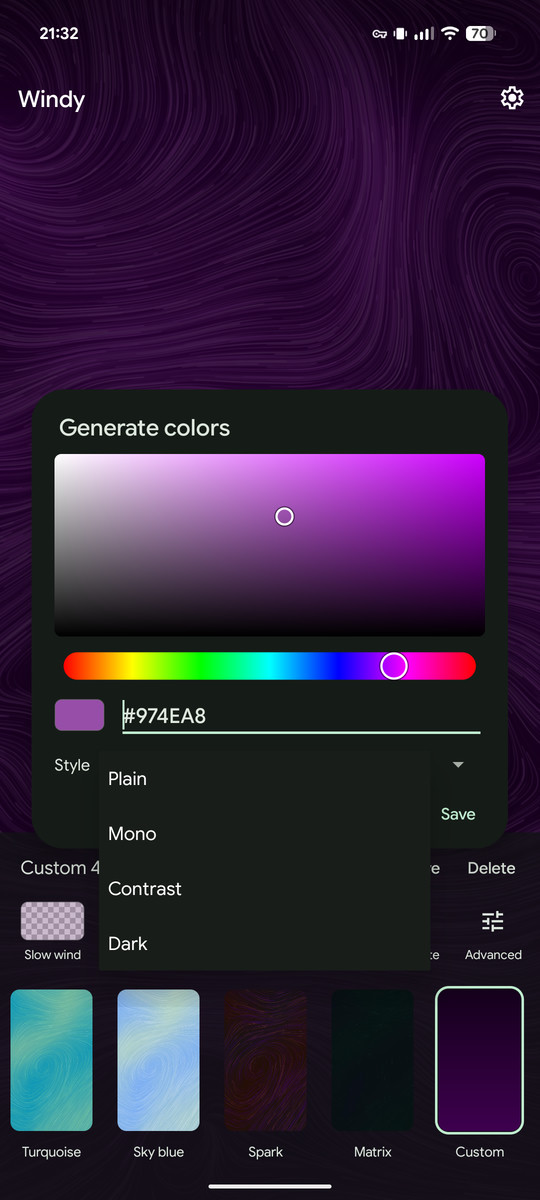 The generate colors dialog, with a color picker and a style dropdown